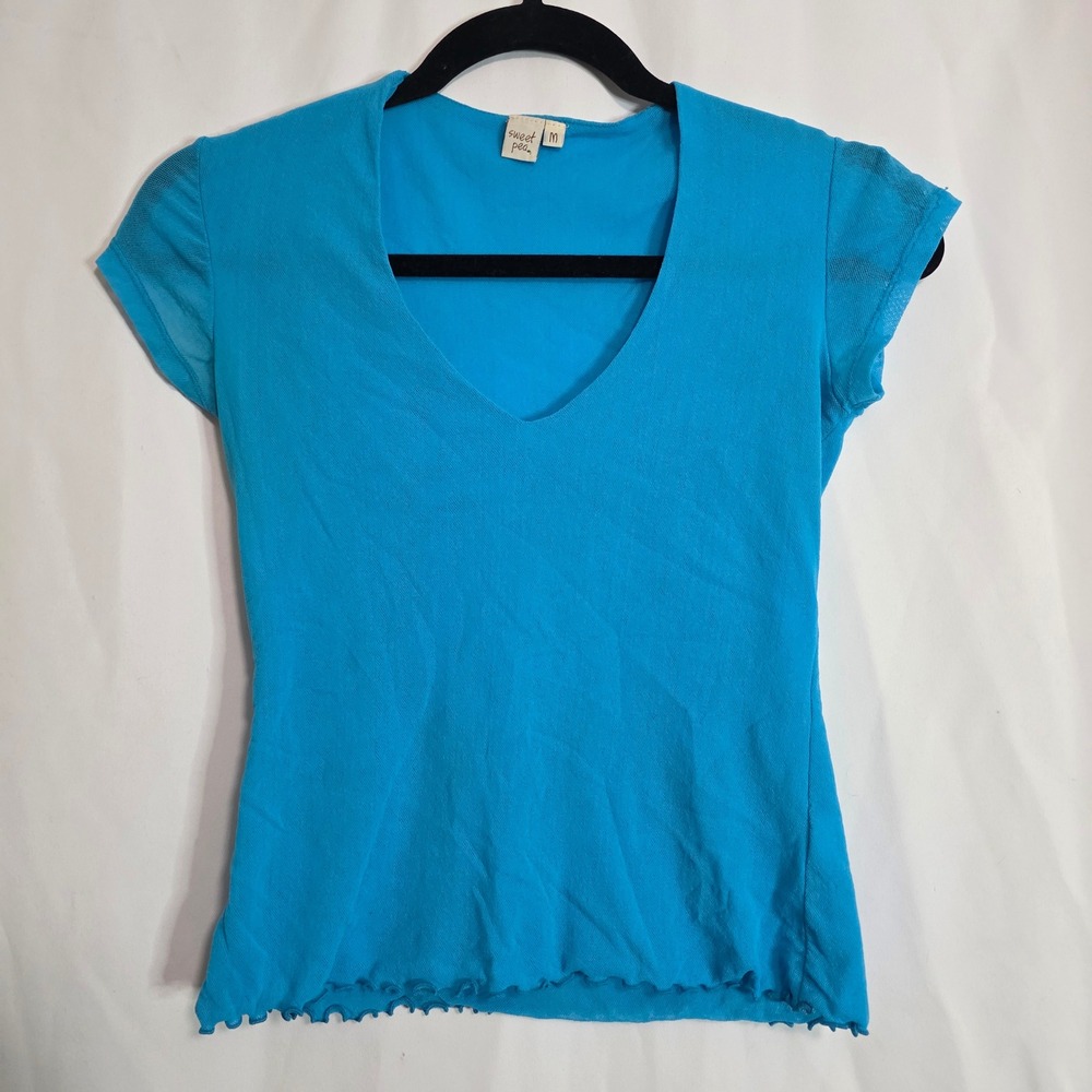 Sweet Pea Mesh Top Girls Medium Blue Sheer Lettuce Edge Y2K Fairycore Tee